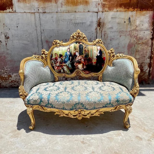 French Rococo Style Gold Leaf Damask Settee Chairish