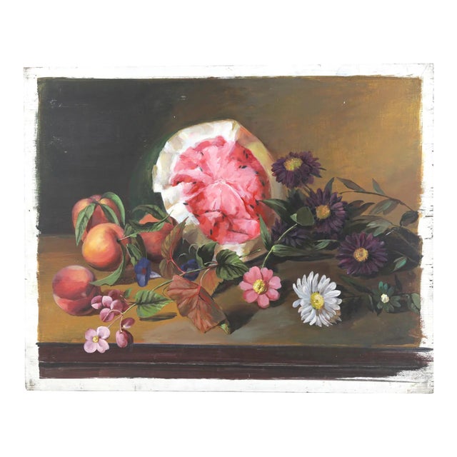 Vintage Still Life Oil Painting on Wood Panel Watermelon Peaches and Summer Florals For Sale