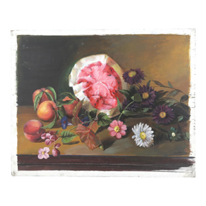 Vintage Still Life Oil Painting on Wood Panel Watermelon Peaches and Summer Florals