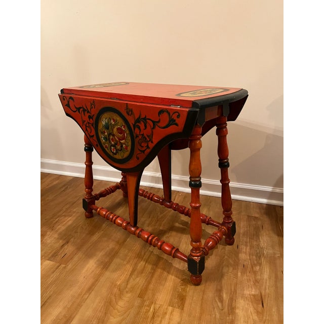 Colorful Antique Colonial Drop Leaf Side Table with Hand-Painted Tole Details, Half Serpentine Leaves, Butterfly Supports,...