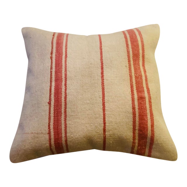 Vintage Turkish Kilim Creamy White With Rose Stripe Cotton Wool Decorative Pillow For Sale