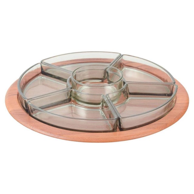 Cabaret Tray in Teak with Hand-Blown Glass Dishes from Digsmed, Denmark, 1960s, Set of 7 For Sale - Image 6 of 6