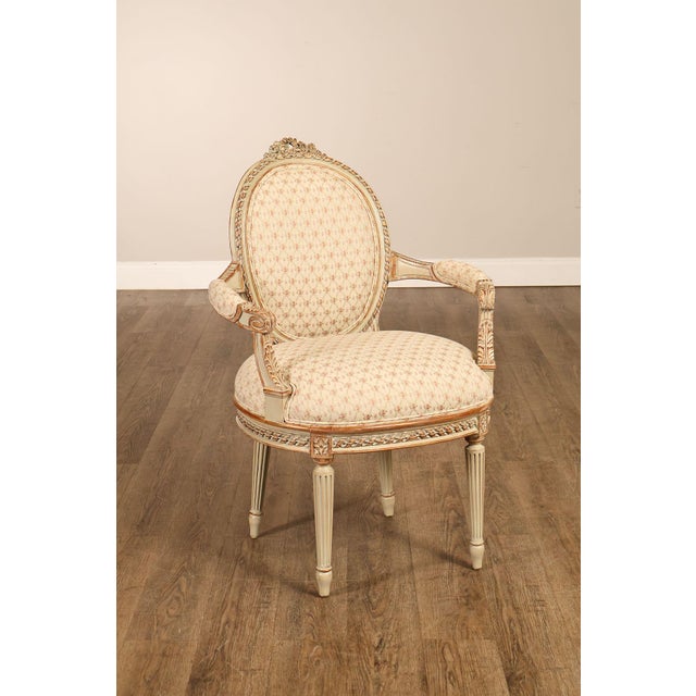 French Louis XVI Style Pair of Cream Painted Armchairs For Sale - Image 4 of 18