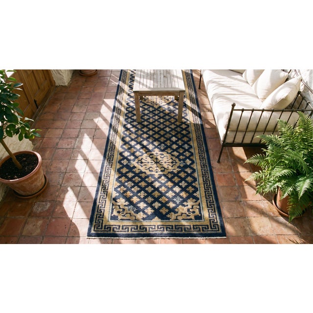 1800s Blue Navy Geometric Antique Chinese Ningxia Rug 2'2" X 13'10" Handknotted Wool Carpet For Sale - Image 10 of 10