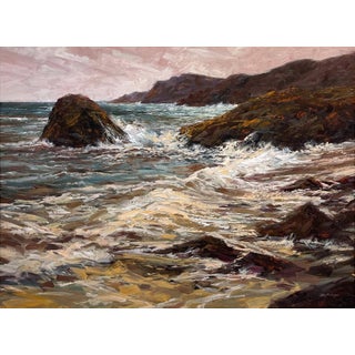 Sesimbra by Sparky LeBold | Oil on Canvas Seascape with rocky shoreline and waves For Sale
