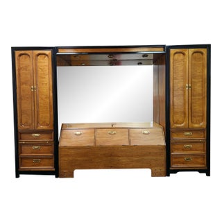 Thomasville Vintage Modular Queen Campaign-Style Headboard Unit W/ Lighted Storage & Mirror For Sale