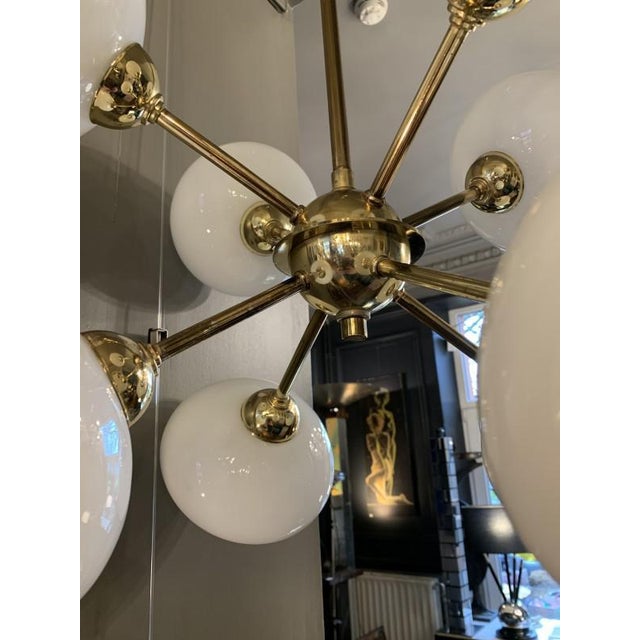 Sputnik Chandelier in Golden Brass with 8 Opaline Glass Ball Globes, 1970s For Sale - Image 4 of 12