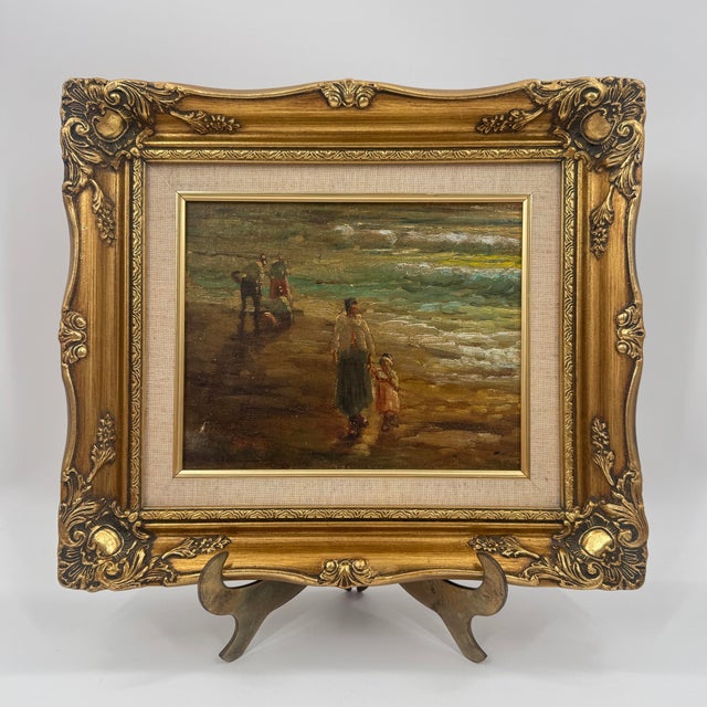 1920s Antique Italian Mother & Child Beach Scene Oil Painting, Salvaged Fragment For Sale - Image 5 of 12
