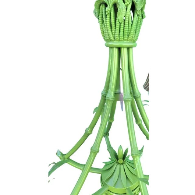 Metal Vintage Custom Painted Pale Green Carved Palm Tree Faux Bamboo Iron 6 Light Regency Chandelier For Sale - Image 7 of 10