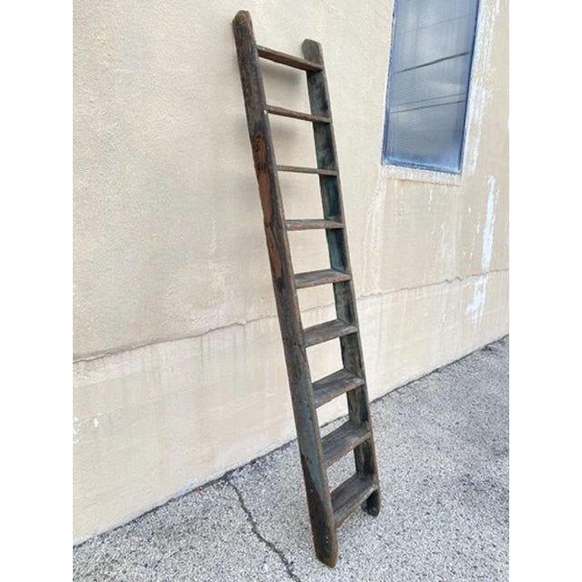 Mid 19th Century Antique French Rustic Primitive Green Distress Painted Wooden Barn Ladder For Sale - Image 5 of 11