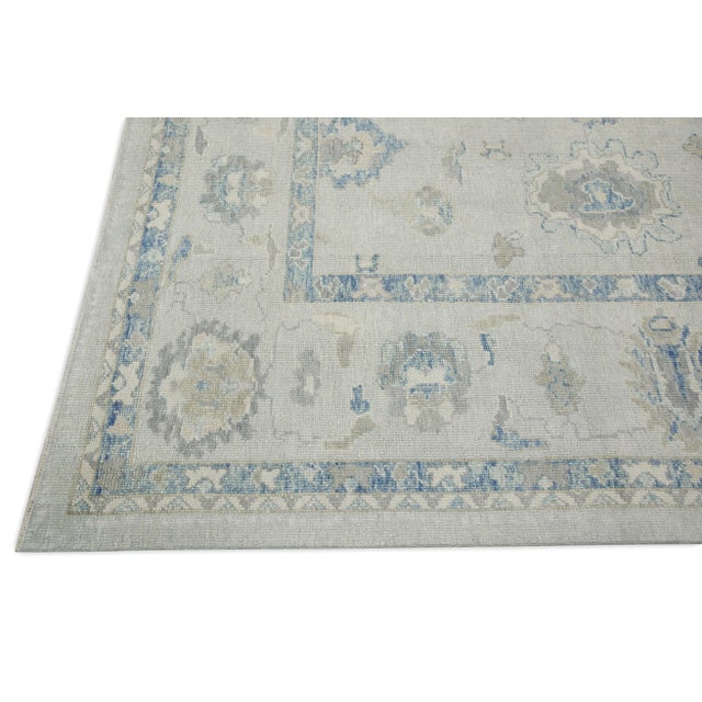 Modern Early 21st Century Blue Floral Design Handwoven Wool Turkish Oushak Rug 9'4" X 11'5" For Sale - Image 3 of 8