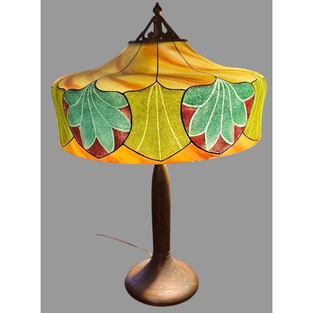 Handel Table Lamp with Floral Decorated Obverse & Reverse Painted Textured Glass Shade In good condition showing some...