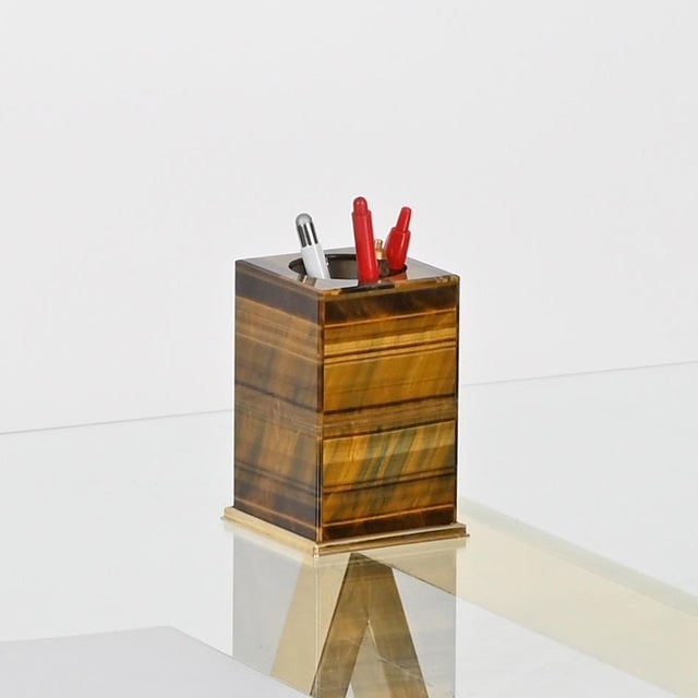 Brown Italian Tiger's Eye and Gilt 800 Silver Desk Pen Holder by Mazzetti Milano, 1950 For Sale - Image 8 of 13