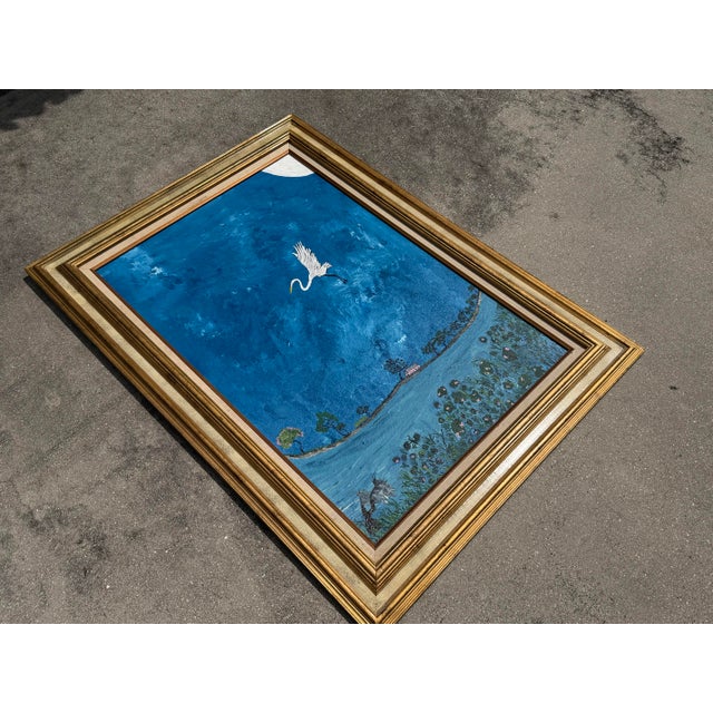 Vintage Large Folk Art Tropical Landscape Painting With Egret in Gilt Wood Frame For Sale In Naples, FL - Image 6 of 15