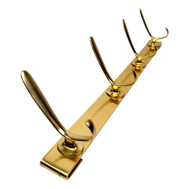 Mid-Century Gilt Metal Wall Coat Rack with 4 Hooks, 1960s For Sale