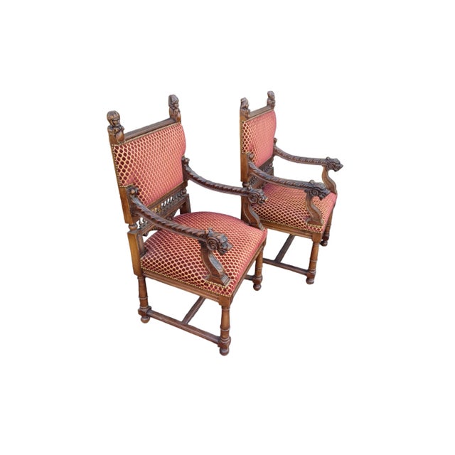 Jacobean Vintage Pair of Wooden Jacobean Throne Chairs For Sale - Image 3 of 3
