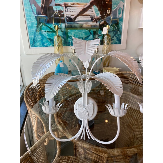 Vintage Metal Tole Tropical Palm Tree Leaf Wall Light Sconces Restored -A Pair For Sale - Image 11 of 13