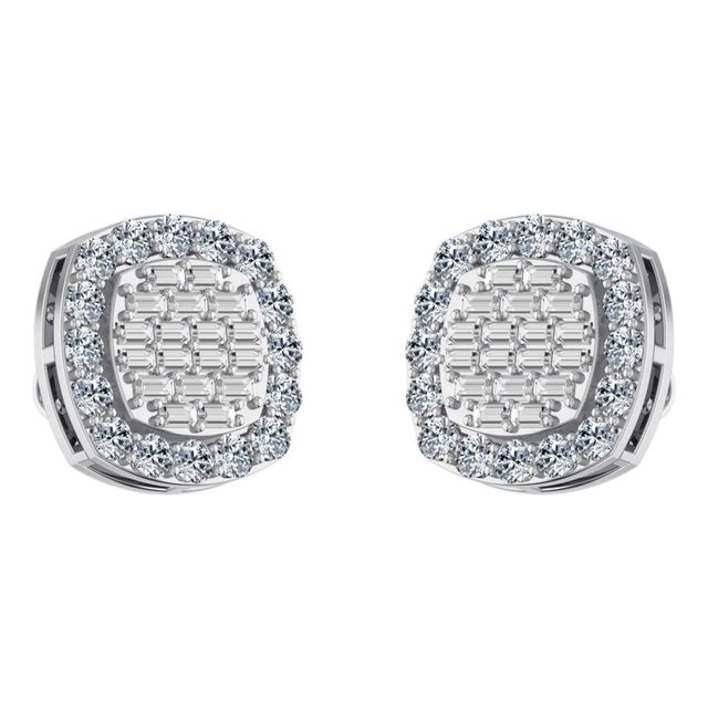10K White Gold Round Baguette Diamond Stud Earring 1 Cttw, A Pair For Sale