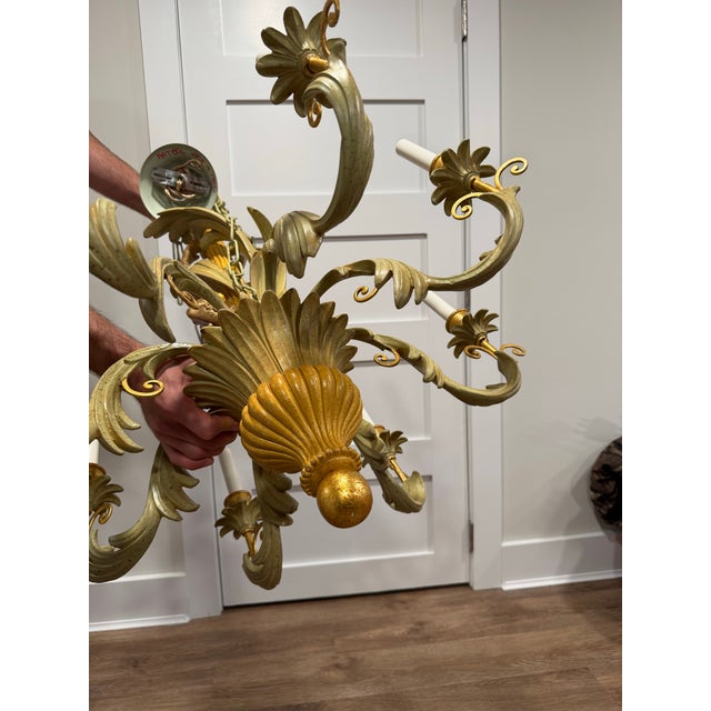 Mid 20th Century Vintage 1960s Italian Tole Monkey Chandelier With Fez, 8-Light, Hand-Painted Gold & Cream For Sale - Image 5 of 6