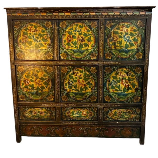 Brown Antique Tibetan Hand Painted Cabinet For Sale - Image 8 of 9