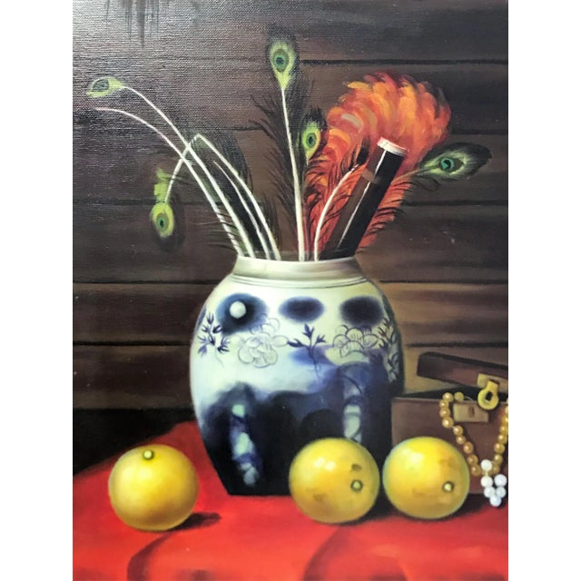 Chinoiserie Signed "Z. Sators" Still Life Painting on Canvas With Frame For Sale - Image 3 of 12