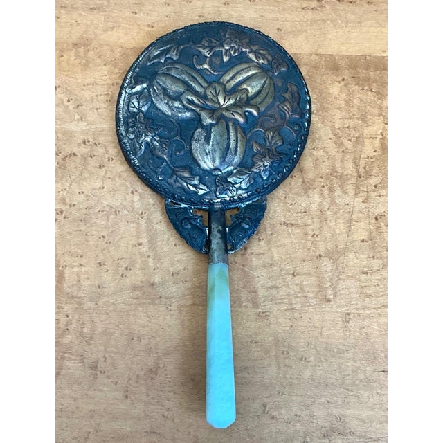 Victorian Vintage Floral Motif Metal Hand Mirror For Sale - Image 3 of 13