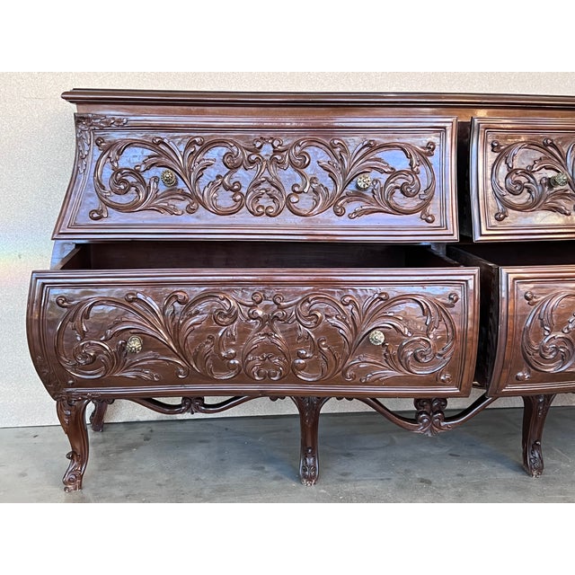 Brown 19th Century French Provincial Louis XV Carved Walnut Bombe Double Commode For Sale - Image 8 of 11