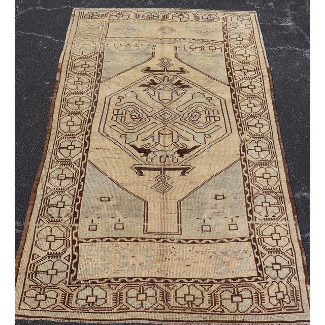Tribal Mid 20th Century Geometric Tribal Vintage Turkish Oushak Rug in Brown Cream Light Blue and Tan For Sale - Image 3 of 13