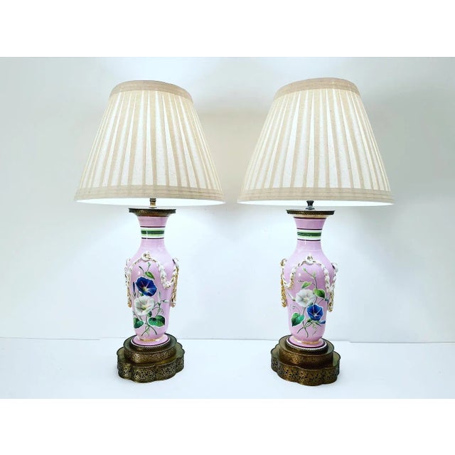 French 1940s French Floral Urn Lamps & Shades - A Pair For Sale - Image 3 of 10
