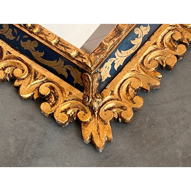 Wood Spanish Hollywood Regency Gilt Mirror With Keyhole Form and Etched Blue Glass For Sale - Image 7 of 7