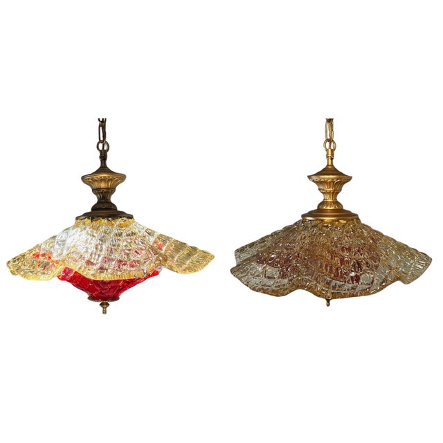 Vintage Murano Fazzoletto Art Glass “Fiore Di Fuoco” Amber Red Pendant Light For Sale - Image 11 of 18