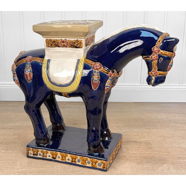 Vintage Chinese Chinoiserie 24" Blue Tang Horse Plant Stand For Sale - Image 6 of 10