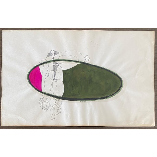 Forest Green Armando Villagran, Surrealist Latin American Mixed Media Watercolor & Ink - Woman Holding Purse, 1971 For Sale - Image 8 of 8