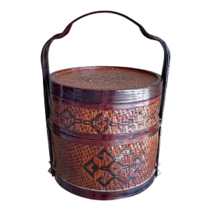Mid 20th-Century Petite Lacquered Chinese Bamboo & Rattan Two-Tier Wedding Basket