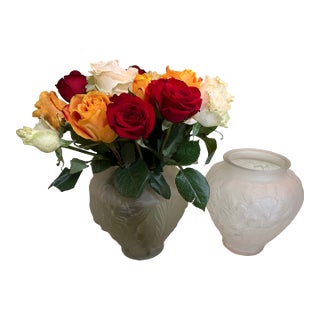Vintage Pair of Tiffin Glass Art Deco "Raised Poppy" Satin Glass Vases, Large 9" Tall. Elegant!! For Sale