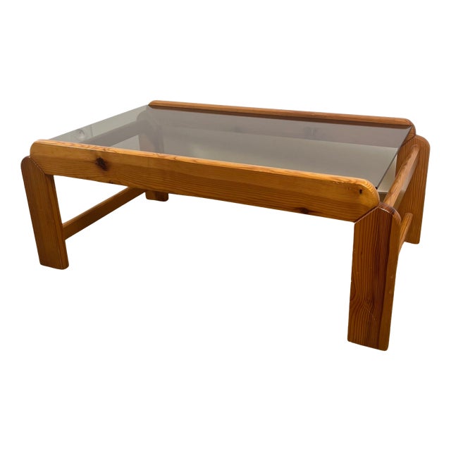Coffee Table in Pine with Smoked Glass Top, 1970s For Sale