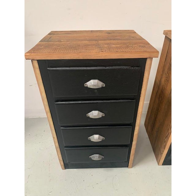 Pair of small Brutalist chests of drawers in patinated fir Four drawers on the front Refurbished antique furniture...