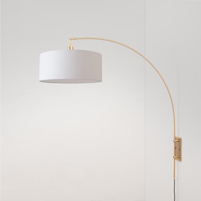 2020s Span Wall Mounted Arc Lamp - Weathered Brass Steel, White Fabric Drum Shade, Modern Elegance For Sale - Image 5 of 6