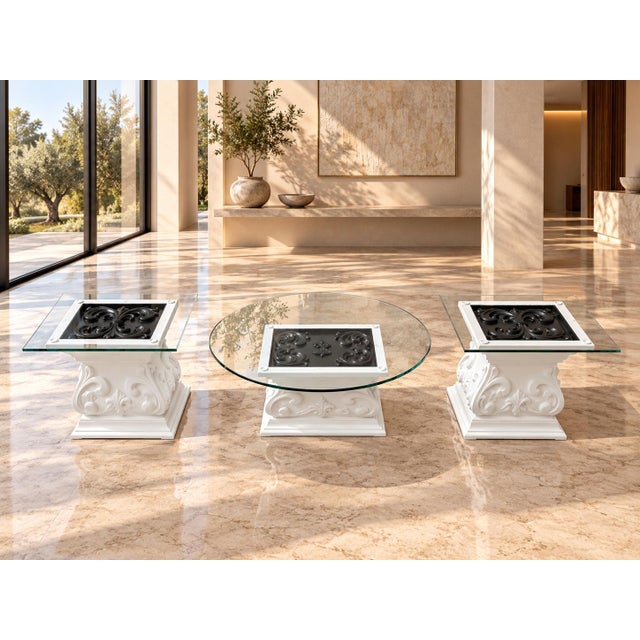 Vintage Fleur-De-Lis Glass Coffee Table & Pedestal Side Tables – Custom Redesigned Set of 3 For Sale - Image 9 of 13