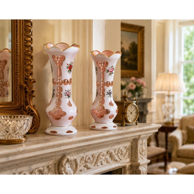 White Pair of Antique Bohemian White & Pink Cased Art Glass Vases With Hand-Painted Floral Decoration For Sale - Image 8 of 12