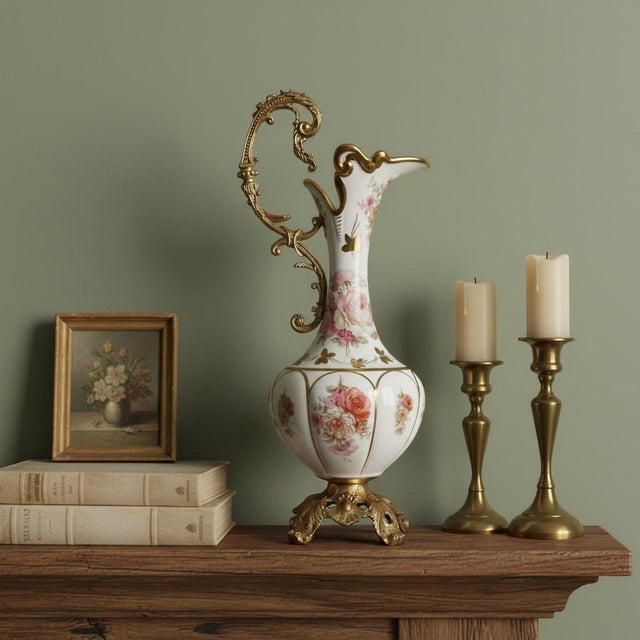Ornate decorative ewer in the manner of late 19th-century European porcelain, featuring transferware floral panels and...
