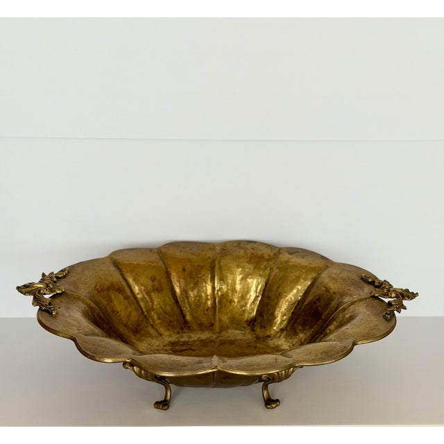 Mid-20th Century Large Scalloped & Floral Handles Brass Centerpiece Bowl For Sale - Image 4 of 10