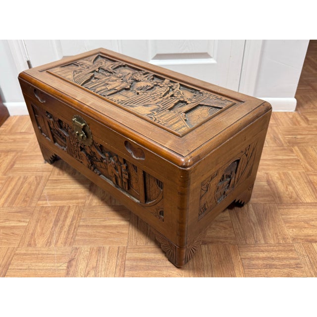 Chinese Mid-Century Hand-Carved Chinese Camphor Wood Chest, Hong Kong For Sale - Image 3 of 12