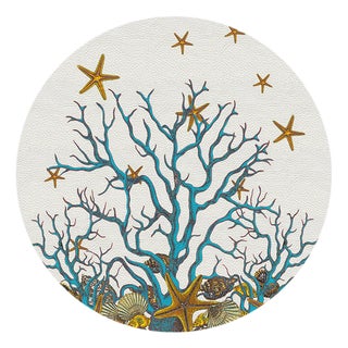 Coral Reef Vegan Leather Round Pebble Placemat, White Turquoise, Set of 4 For Sale
