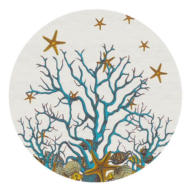 Coral Reef Vegan Leather Round Pebble Placemat, White Turquoise, Set of 4 For Sale