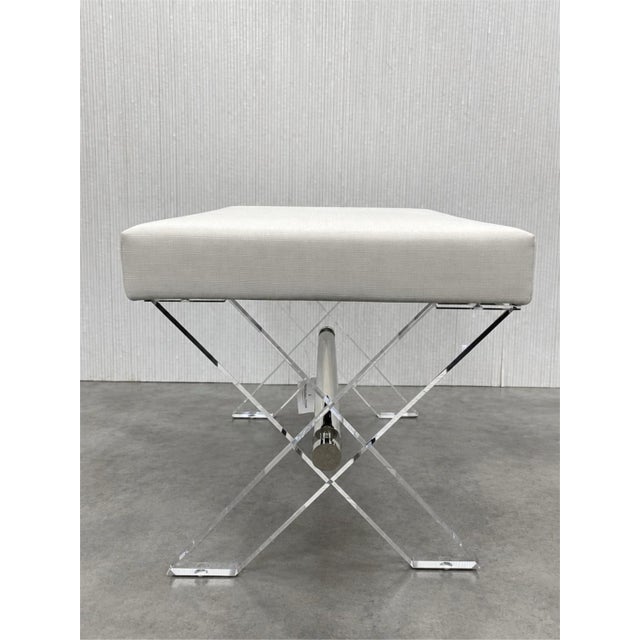Metal Worlds Away Dixon Acrylic Lucite X Base Stool Nickel Stretcher White Linen For Sale - Image 7 of 7