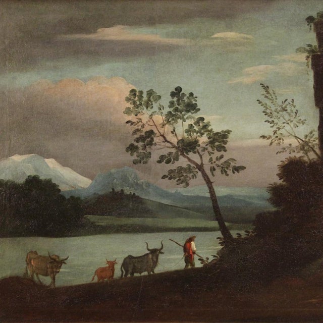 Italian Painting Landscape with Characters and Ruins, 1750, Oil on Canvas, Framed For Sale - Image 3 of 17