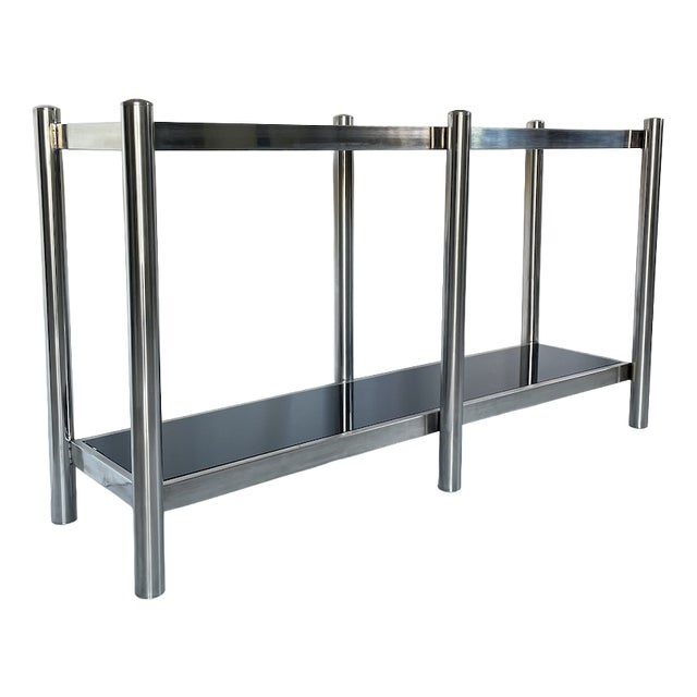 Vintage Console Table in Steel and Black Glass, 1970s For Sale