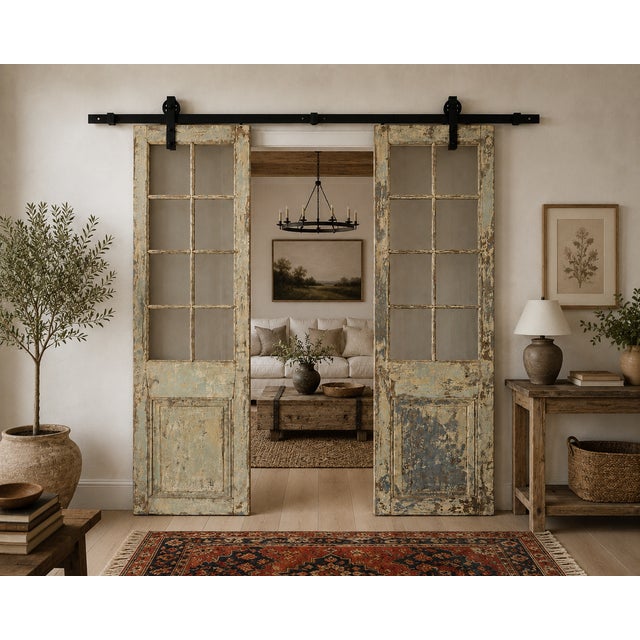 Vintage Anglo-Indian Painted Teakwood and Glass Door, with 8 glazed panels per door panel, and with various old paint...