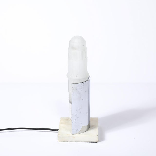 Art Deco Table Lamp in Frosted Glass W/ Polished Chrome Diffuser on Marble Base For Sale - Image 4 of 14
